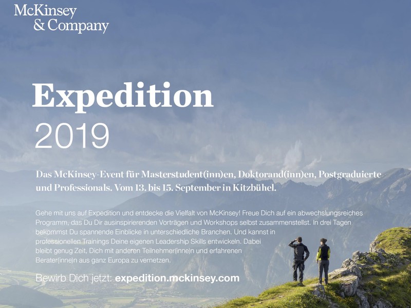 Expedition 2019. Das McKinsey-Event für Masterstudent(inn)en, Doktorand(inn)en, Postgraduierte und Professionals
